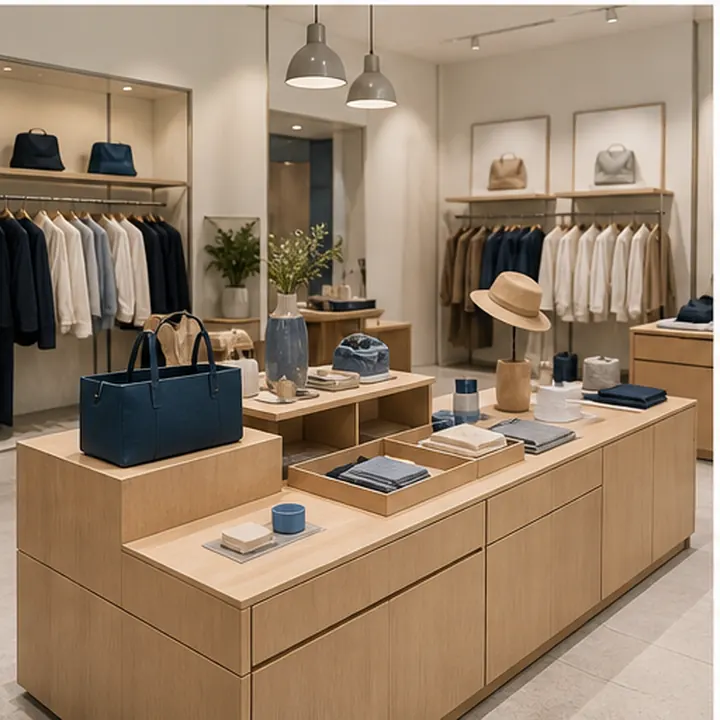 Retail store with display fixtures, packaging, and store furniture
