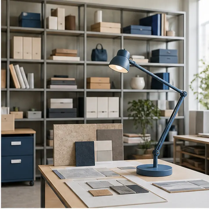 Creative studio with shelving, workspace items, and material samples